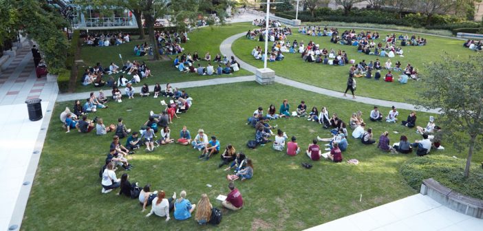 Circles of students on a big lawn
