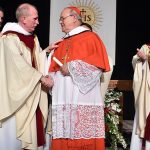 Fordham president Joseph M. McShane congratulates His Eminence Jaime Lucas Cardinal Ortega y Alamino