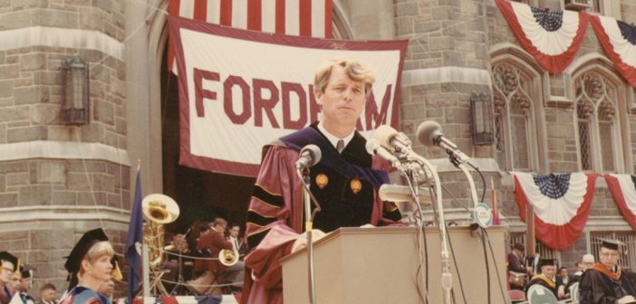 Robert F. Kennedy delivers the commencement address from the terrace of Keating Hall on Fordham University's Rose Hill campus on June 10, 1967