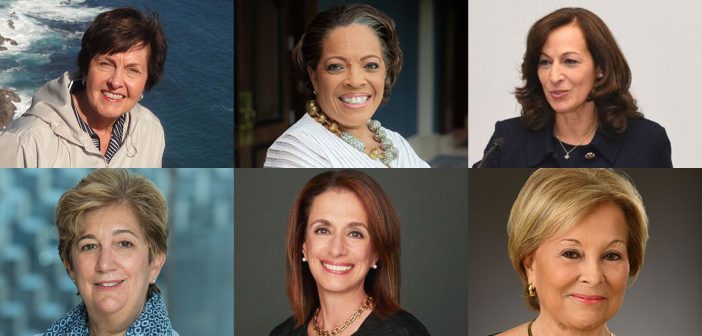 A composite image of six of Fordham's Pioneering Women in Philanthropy. Clockwise from top left: Barbara Dane, Valerie Rainford, Susan Conley Salice, Carolyn Dursi Cunniffe, Rose Marie Bravo, and Donna Smolens.