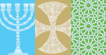 illustration of a menorah, cross, and geometric islamic pattern