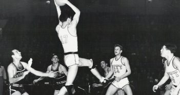 Fordham on the court against Pitt in the first live televised college basketball broadcast on February 28, 1940.