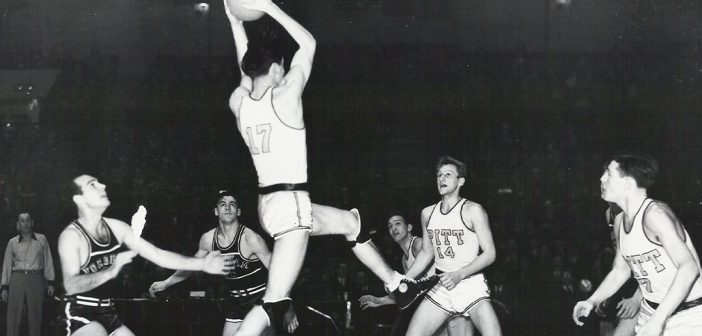 Fordham on the court against Pitt in the first live televised college basketball broadcast on February 28, 1940.