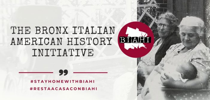 The words "The Bronx Italian American History Initiative" beside a black-and-white photo of two women