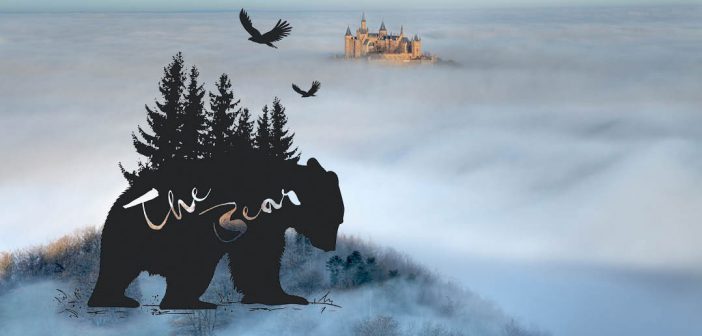 This illustration shows the silhouette of a bear among trees on a cloudy mountaintop with an image of a castle in the distance