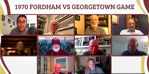 A screenshot of a Zoom discussion with members of the 1970 Fordham football team.