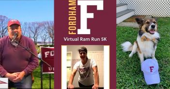 A composite image of Tim Tubridy hosting a Homecoming tailgate, Allison Farina posing after completing the 5K Ram Run, and a dog posing with a Fordham hat.