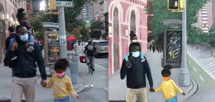 A side-by-side collage of a photograph of a father and his daughters on a street, wearing masks, and a painted version of that photo