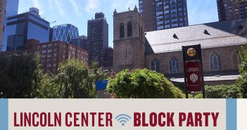 A Lincoln Center Block Party graphic with a photo taken from the campus's plaza.