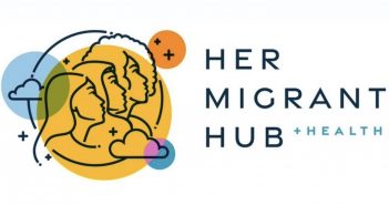 A cartoon of the outlines of three women facing right next to the words "Her Migrant Hub"