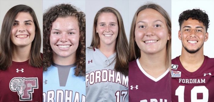 A collage of five athletes wearing Fordham sports shirts and smiling directly at the camera