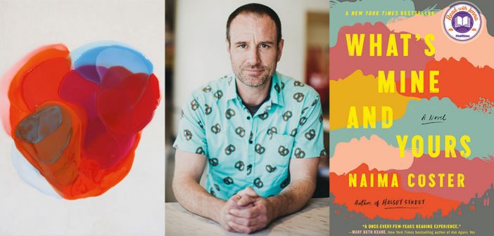 A composite image showing a "Blends" painting by Farida Hughes; Drew Ackerman, host of the podcast "Sleep with Me"; and the cover of the book "What's Mine and Yours" by Naima Coster