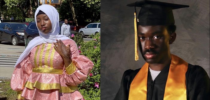 A photo collage of a woman wearing a white hijab and pink dress and a man wearing a black graduation gown and cap with a golden stole