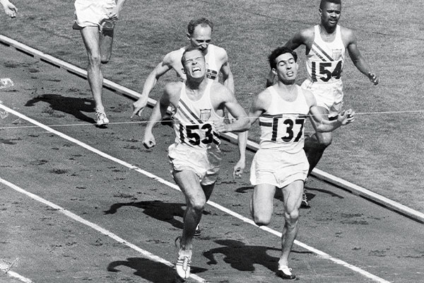 Tom Courtney, no. 153, crossing the finish line for the gold medal in the 800-meter race at the 1956 Olympics in Melbourne.