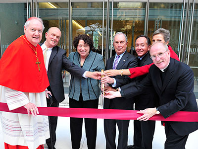 Cardinal Edward Egan, Supreme Court Justice Sonia Sotomayor, and former New York City mayor Michael Bloomberg were among those who helped Fordham dedicate its new Law School building on September 18, 2014. Photo by Chris Taggart