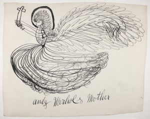 A drawing by Warhol's mother, Julia Warhola (American, 1891–1972). Angel Holding Cross, between 1952 and 1970. Ink on Strathmore paper, 7 1/4 × 9 in. (18.4 × 22.9 cm). The Andy Warhol Museum, Pittsburgh; Founding Collection, Contribution The Andy Warhol Foundation for the Visual Arts, Inc., 1998.1.1752. © 2021 The Andy Warhol Foundation for the Visual Arts, Inc. / Licensed by Artists Rights Society (ARS), New York. 
