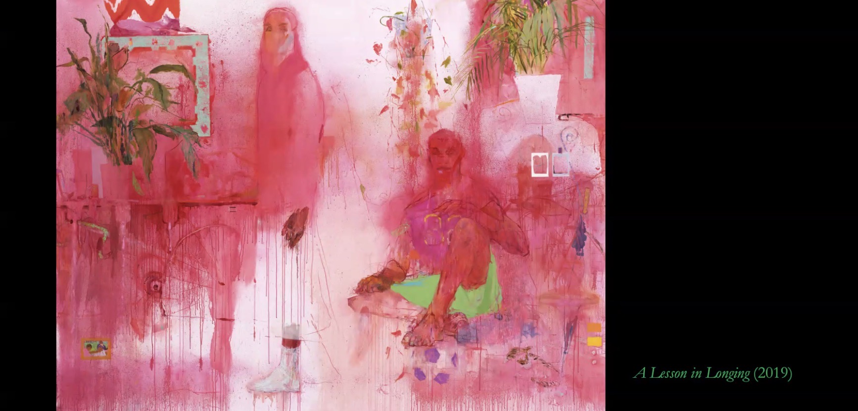 A painting of a man and a woman surrounded by fuchsia paint