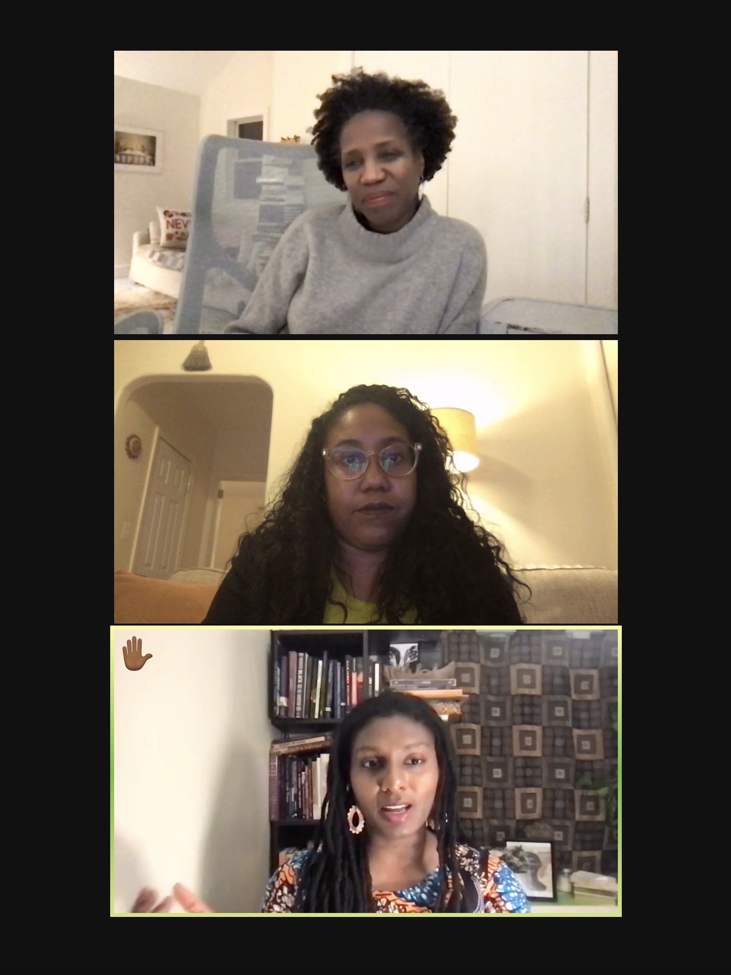 A Zoom screenshot of three Black women in separate frames