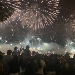 Silhouettes of people in front of fireworks