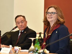 Robert D. Daleo (left), chair of Fordham's Board of Trustees, with Tania Tetlow at the February 10 press conference announcing her appointment at the 33rd president of Fordham University