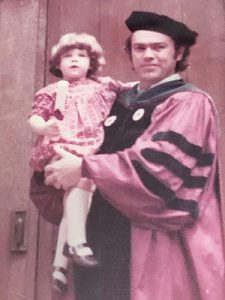 Tania Tetlow with her father outside the University Church in 1974 after he earned his doctorate from Fordham
