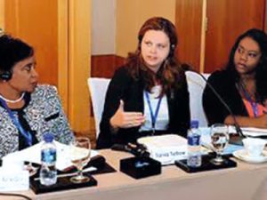 Tania Tetlow (center) speaks on domestic violence during a panel discussion in Beijing in 2014, as two of her fellow panelists listen.