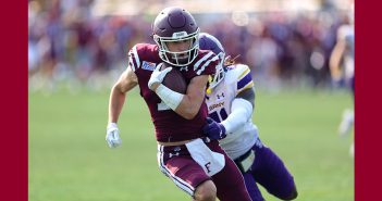 Garrett Cody, a Fordham College at Rose Hill senior, runs the ball during the Rams’ Sept. 17 Homecoming game against the University at Albany, which Fordham won 48-45.