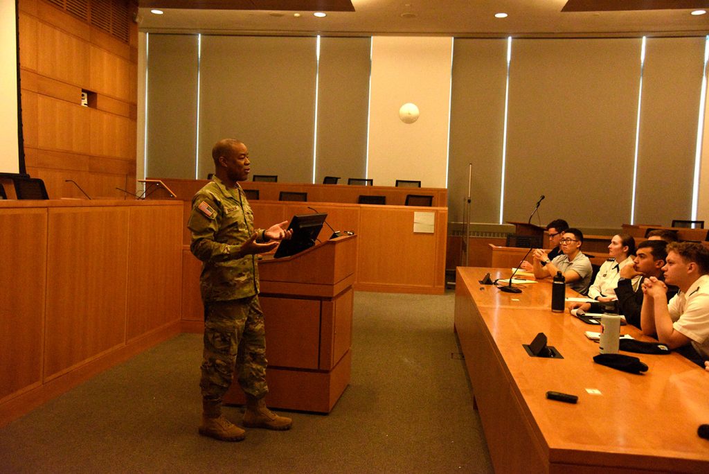Brigadier General Ronald D. Sullivan, speaking to a group of students