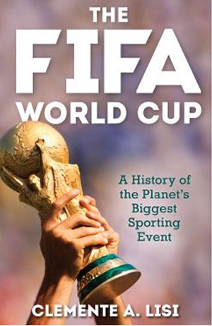 The cover image of Clemente Lisi's book on the history of the FIFA World Cup shows a pair of hands holding the soccer tournament's golden trophy