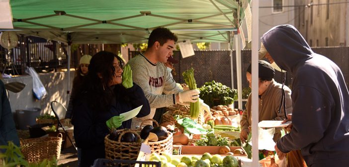 students hand vegetables to customers while standing under a tent