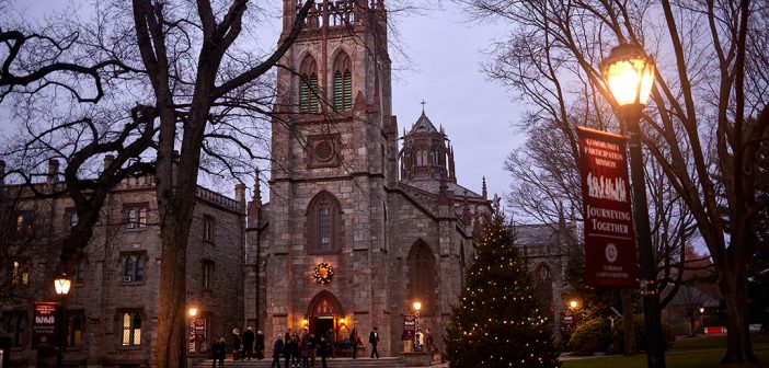 University Church with Christmas tree and wreath