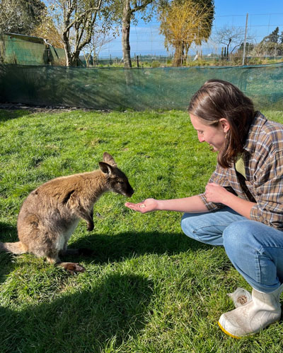 A woman feeds a kangaroo