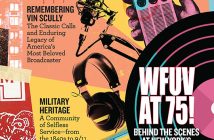 An image of the cover of the winter 2023 issue of Fordham Magazine, featuring a collage illustration highlighting objects (microphone, headphones, transistor radio, vinyl record, boombox, etc.) meant to highlight the 75-year history of WFUV, Fordham's public media station, in a variety of colors: yellow, salmon, teal, pink