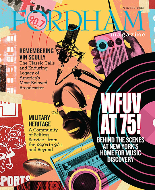 An image of the cover of the winter 2023 issue of Fordham Magazine, featuring a collage illustration highlighting objects (microphone, headphones, transistor radio, vinyl record, boombox, etc.) meant to highlight the 75-year history of WFUV, Fordham's public media station, in a variety of colors: yellow, salmon, teal, pink