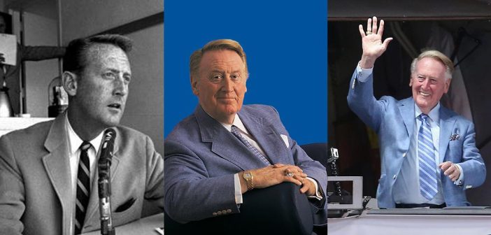 A triptych of images showing Vin Scully (from left) in the broadcast booth circa 1965, in 2000, and in the broadcast booth in 2016