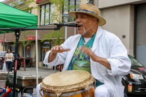 Dr. Drum with teaches Bomba at Bronx Celebration Day in Fordham Plaza, organized by Fordham Club of Fordham University in the Bronx, April 15, 2023. 