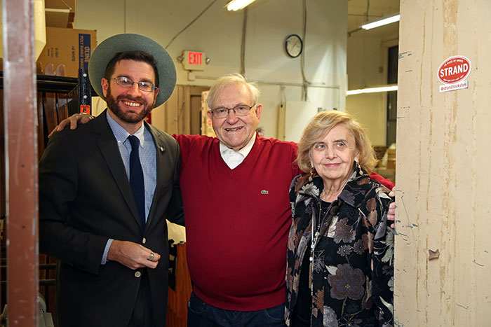 B.A. Van Sise with Holocaust survivors Michael Bornstein and Tova Friedman just before taking the stage for a panel discussion the Strand Rare Book Room in New York City on Jan. 30, 2023
