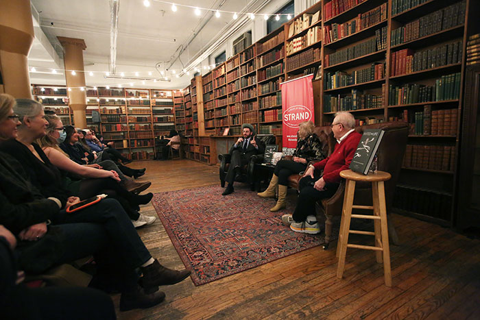 B.A. Van Sise leads a panel featuring Holocaust survivors Tova Friedman and Michael Bornstein at the February 2023 book launch event for "Invited to Life" in the Strand's Rare Book Room.