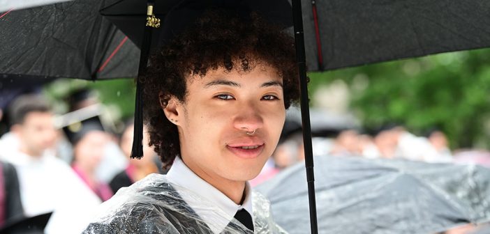 closeup of grad with cap in the rain