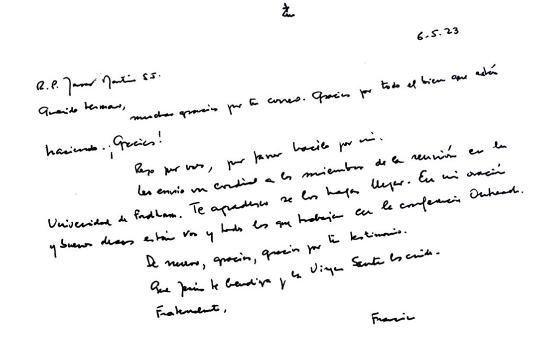 a hand-written letter from Pope Francis to James Martin S.J.