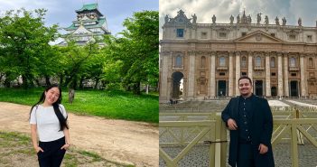 A photo collage of two photos. In the left photo is Karen Watanabe, standing in front of a Japanese style building and trees. In the right photo is Devin Moreno, standing in front of a building in Europe.