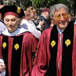Tony Bennett walking with Fordham music professor Larry Stemple