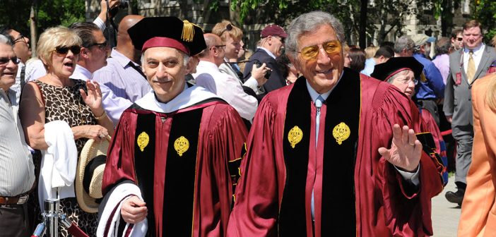 Tony Bennett walking with Fordham music professor Larry Stemple