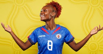 Fordham graduate Danielle Étienne, a member of the Haitian national team, poses in her uniform prior to the 2023 Women's World Cup