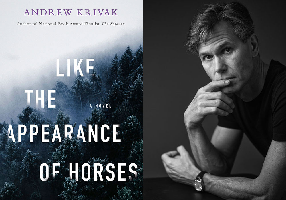 A composite image showing a portrait of Andrew Krivak and the cover of his novel Like the Appearance of Horses