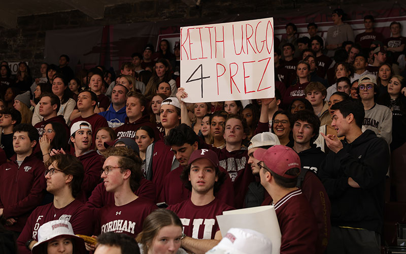 Sign in the stands that says 'Keith Urgo for Prez'