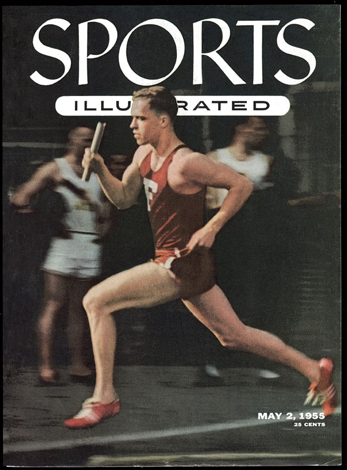 The May 2, 1955, cover of Sports Illustrated featuring Fordham track star Tom Courtney sprinting in his Fordham uniform with a baton in hand
