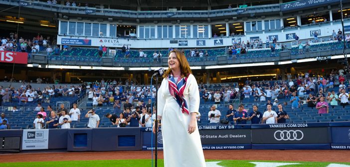 Tania Tetlow singing at Yankee Stadium