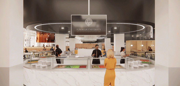 A rendering of the upcoming renovation to Fordham's dining hall in the McSahne center, with woman standing at counter