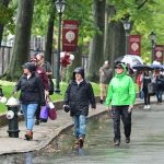 Attendees walking in the rain.